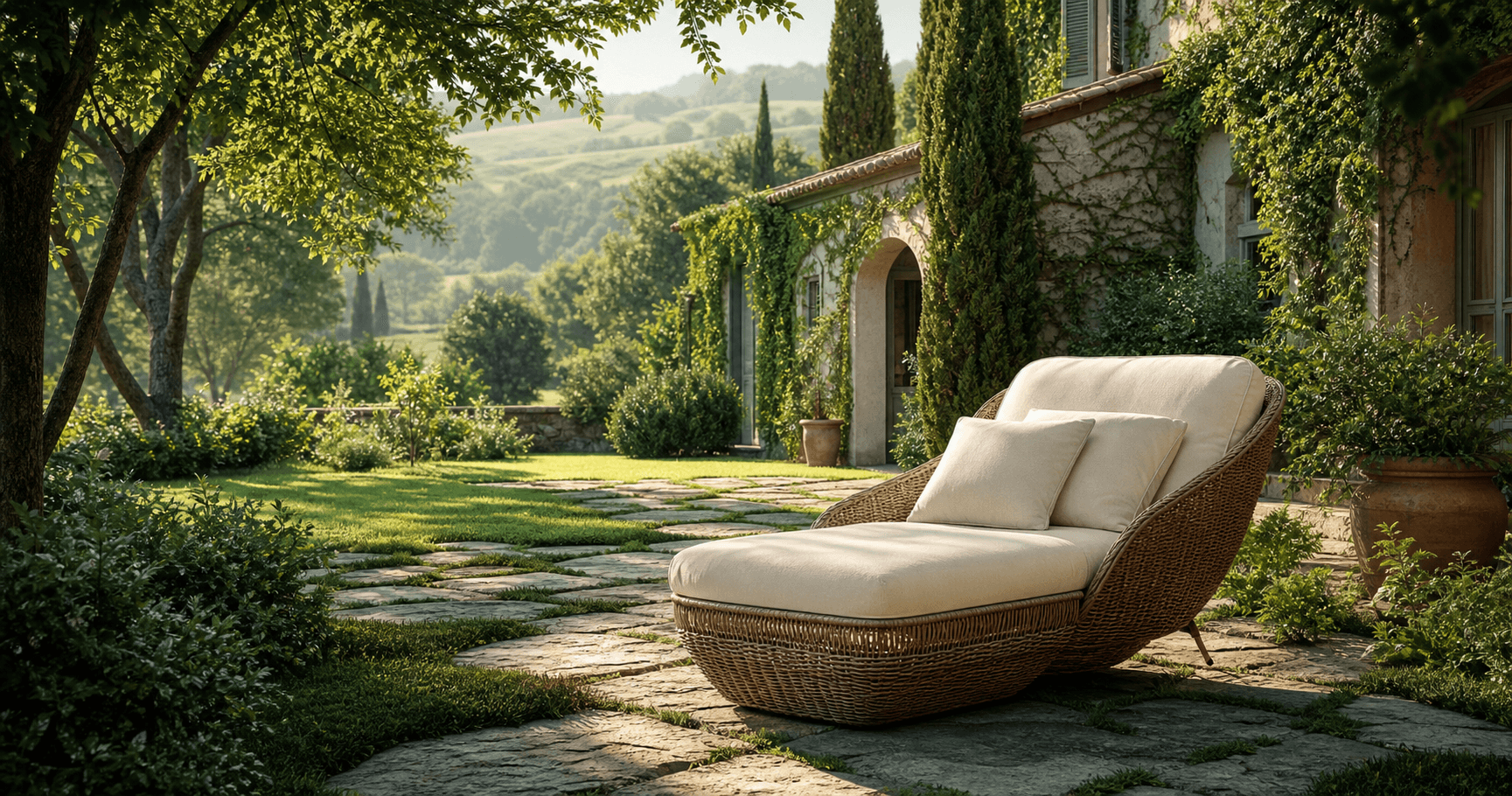Grand outdoor lounge chair in a green village home garden